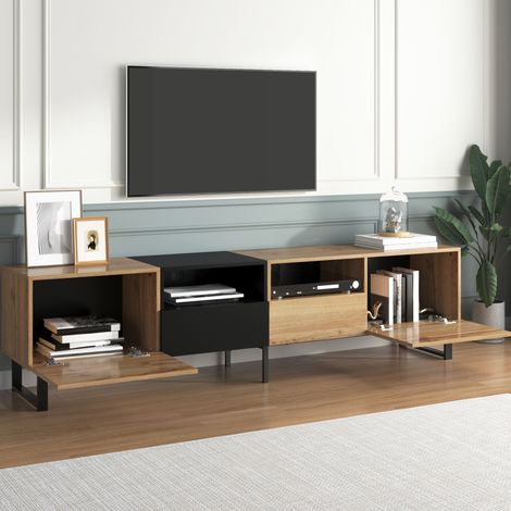 Mueble TV 190x38x48 cm negro y madera natural, MDF con 2 puertas y 2 cajones (1/5)