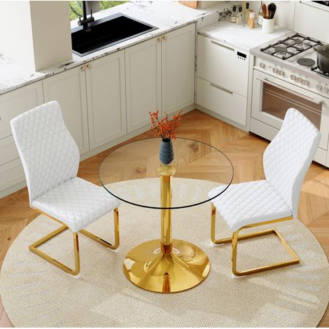 MEUBLIV Table ronde en verre 85 cm blanc et or – 2 chaises, style léger luxe, 2 colis (1/5)