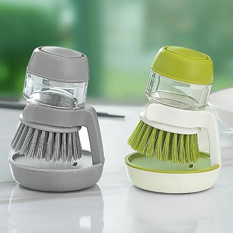 Lot de 2 brosses à vaisselle avec distributeur de liquide vaisselle rechargeable et support de rangement, gris, vert (1/5)