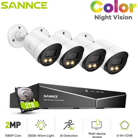 SANNCE Kit di videosorveglianza visione notturna 1080P TVI Bullet TVI Bullet,Telecamera di sicurezza cablata,2TB (1/5)