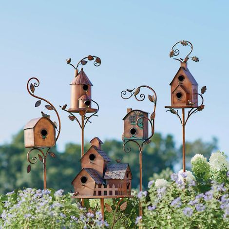 Nichoir en métal avec poteau, nichoir à oiseaux en métal vieilli, décoration de jardin, style cottage, piquets pour nichoir à colibris, nichoir en métal vieilli (1/5)