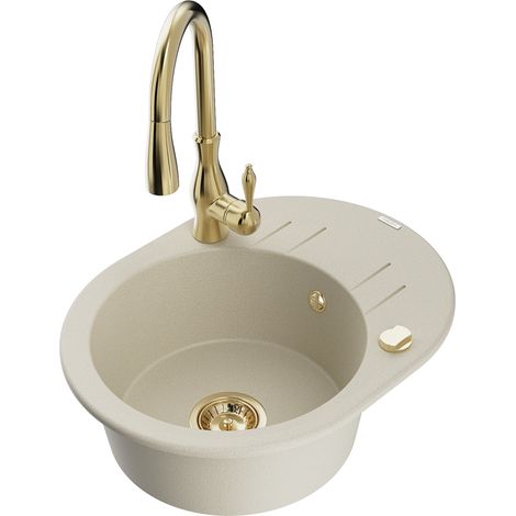 Mexen Kevin 1 Becken-Granitspüle mit Abtropffläche und Mischbatterie Savita, Beige - 6517-69-672601-50 (1/5)