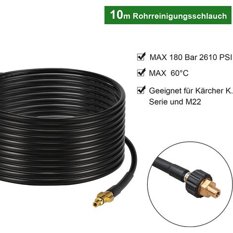 Wolketon Manguera desatascadora 10m 180Bar con boquilla fija de cobre y conexión M22