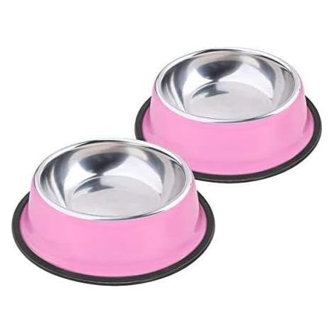 Lot de 2 Gamelle en Acier Inoxydable avec Base en Caoutchouc Antidérapant pour Les Petits Chien et Chat rose