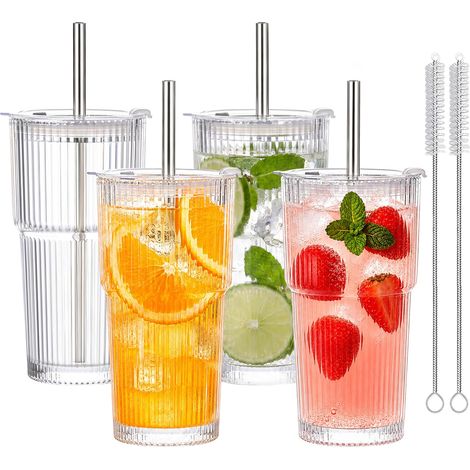 Lot de 2 gobelets côtelés de 600 ml avec couvercle et paille, verres à matcha, smoothie, café, grand verre en verre, lot de verres à thé, tasses à café à emporter, pour latte, café glacé, macchiato (1/5)