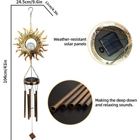 Carillon éolien solaire – Boule en verre craquelé à LED, motif lune creuse en métal, décoration extérieure pour jardin, terrasse, (1/4)