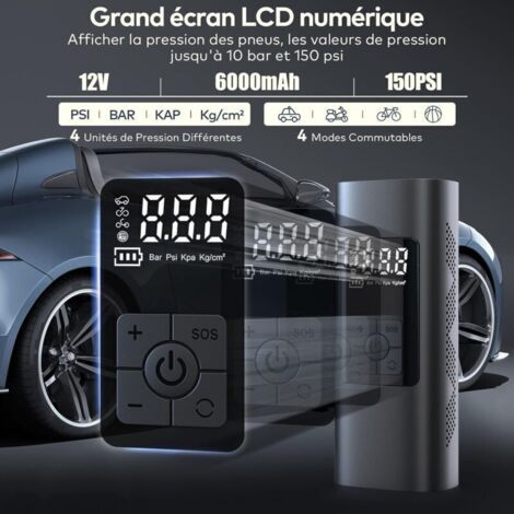 6000mAh Mini Pompe à Air Électrique, Compresseur à Air Portatif Gonfleur Pneus sans Fil 150PSI avec écran LCD Numérique, Pompe a Velo Electrique avec Lampe LED pour Moto Trotinette, Voiture-- (1/3)