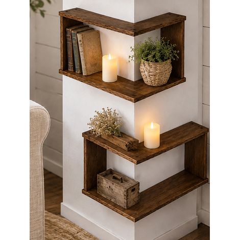 (Lot de 2, couleur noisette) Étagère d'angle murale rustique, étagères flottantes en bois, présentoir mural, rangement, étagère pour plantes, photos et décoration intérieure (1/5)