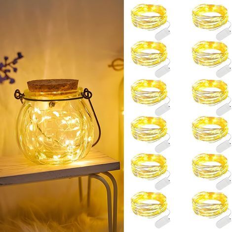 Juego de 12 guirnaldas de luces, 2 m, 20 LED, mini guirnaldas de luces LED impermeables para botellas, fiestas, Navidad, dormitorios, luz blanca cálida. (1/5)
