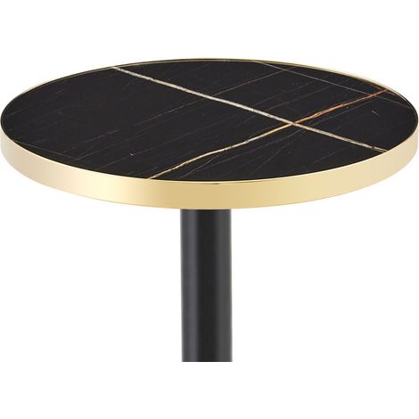 Mesa auxiliar redonda negra con efecto mármol y borde dorado, MDF y metal (1/5)