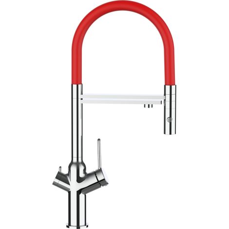 Rubinetto 3 vie miscelatore cucina cromato con canale separato per acqua filtrata, canna rossa movibile e doccia due getti staccabile - serie BOD (1/5)