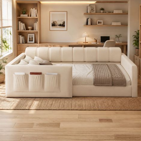 Lit banquette enfant 90x200 cm avec tête de lit rembourrée épaisse poches latérales Lit rembourré avec rangement Velours Beige (1/5)