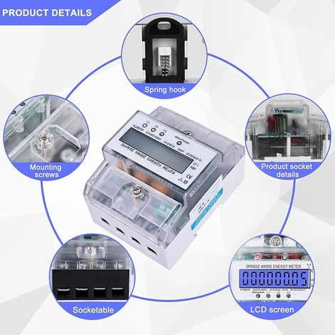 Compteur électrique numérique - Compteur électrique triphasé à 4 fils, compteur d'électricité 3x230/400V 5(80) A calibré, compteur d'énergie pour rail DIN, compteur électrique calibré