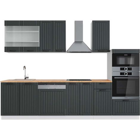 Cucina componibile Fame-Line, Antracite rustico/bianco, 300 cm con armadio alto, PL Rovere, Vicco