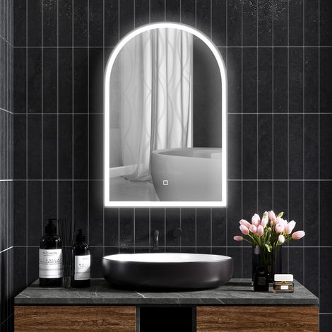 90 x 60 cm LED-Badezimmerspiegel, Wandmontage, 3 Farben, gebogener Aluminiumrahmen, Antibeschlagfunktion und Touch-Schalter