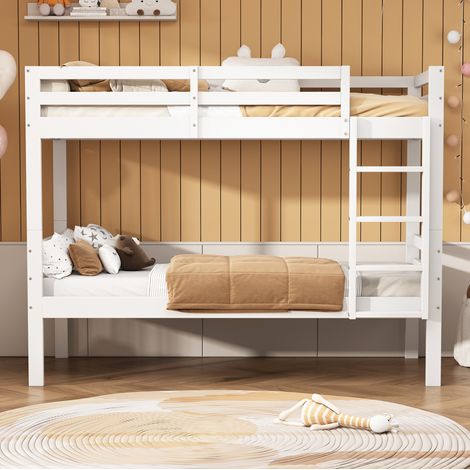Letto a castello bambini 90x200 cm con scala a tre gradini, sponda di sicurezza e letto singolo rimovibile, struttura in pino, senza materasso, bianco (1/5)