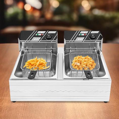 Edelstahl Elektrische Doppel Friteuse, Professional Elektrische Frittier mit Deckel, Körbe und Sicherheitsthermostat, Doppelter Tank Fritteuse, 2 x 6 L, 2 x 2500 W, Temperatur bis 200°C (1/5)