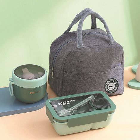Boîte à lunch - 850 ml + 1 bol à soupe - Sac isotherme - Élégante - Pratique - Verte (1/4)