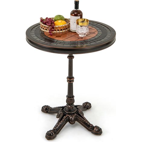 Table de Jardin Ronde de 60,5 cm, Table en Aluminium Coulé Résistante aux Intempéries avec Texture Sculptée et Plateau Peint, Bronze (1/5)