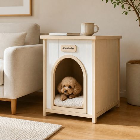 Cama para perros de madera FSC con mesa auxiliar, blanco crema, para perros pequeños y gatos (1/5)