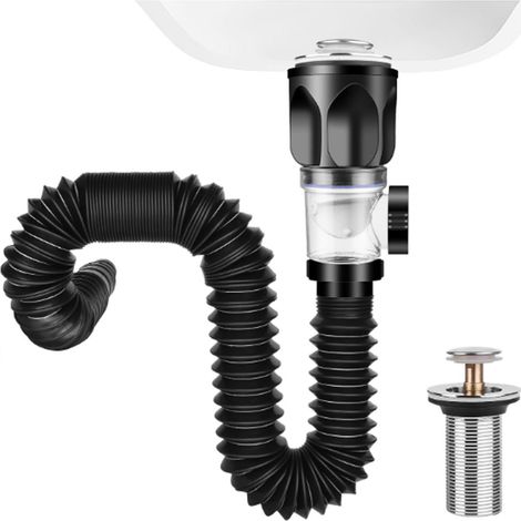 Manguera de desagüe universal flexible y extensible de 32 mm para fregaderos, fabricada en ABS resistente a olores y fugas, con tapón antiobstrucción y filtro para fregaderos de cocina y baño. (1/3)
