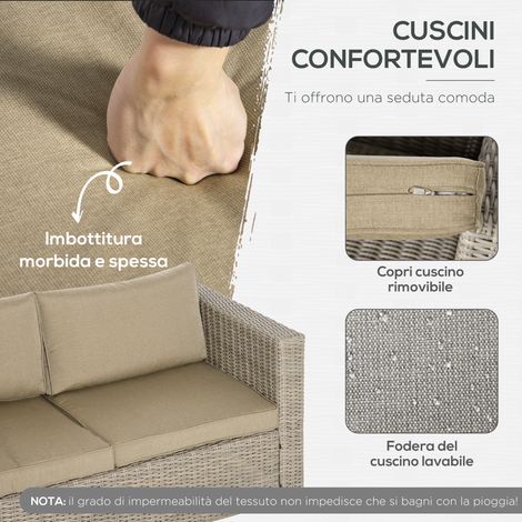 Gartenmöbelset für den Außenbereich, bestehend aus 4 Teilen aus PE-Rattan, Lounge-Garnitur mit 1 Sofa, 2 Sesseln, 1 Tisch und abnehmbaren und waschbaren Kissen, in den Farben Khaki und Beige.