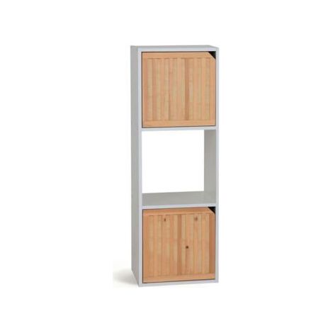 Colonne de rangement - JUANIO - Colonne 1 niche et 2 portes - Effet bois à lattes - Blanc - Compact 30x29x87,5 cm (1/5)