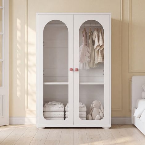 Armoire enfant 80x50x120 cm avec 2 portes transparentes en acrylique, tringle, étagères réglables et poignées en céramique, blanc (1/5)