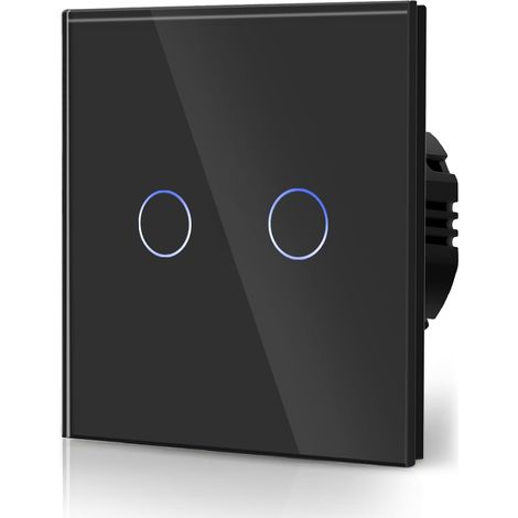 Interrupteur Tactile - 2 Gang 2 Voie - Verre Trempé 4 mm - Rétroéclairage Bleu - 110 V-240 V AC - Pour Éclairage LED - Noir (1/5)