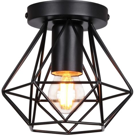 STOEX Plafonnier industrielle cage en métal fer forge, retro suspension luminaire lustre style vintage lampe de plafond, E27 base Ø16cm - Noir (1/4)