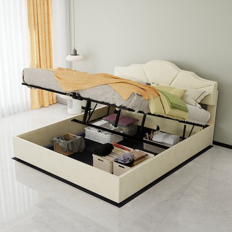 Lit coffre 160/200 cm beige en tissu et métal à tête de lit géométrique (1/5)
