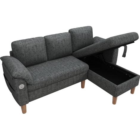 Divano angolare a L 3 posti in ciniglia grigio con chaise longue reversibile (1/5)