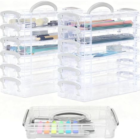 Büroaufbewahrungsboxen – 12 Stück – Transparenter Kunststoff – Stapelbare Boxen mit Deckel – Für Bürobedarf und Bastelmaterialien – 20,5 x 9,7 x 3,6 cm (1/5)