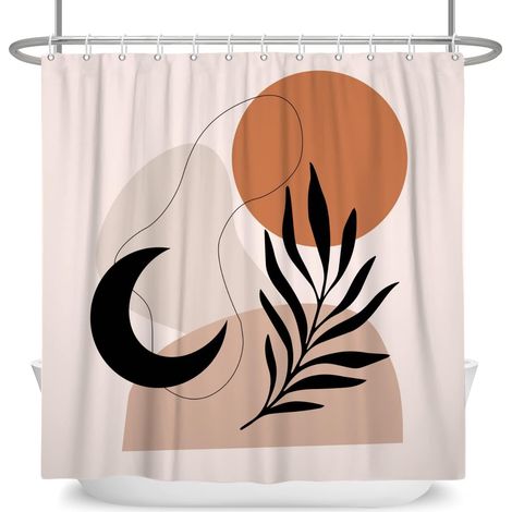 183x198cm Rideau de Douche Abstrait Milieu du siècle Abstrait Lune Soleil Feuille de Palmier Rideau de Salle de Bain Vintage Plante Tropicale Rideaux de Douche Rideau de Baignoire étanche (1/5)