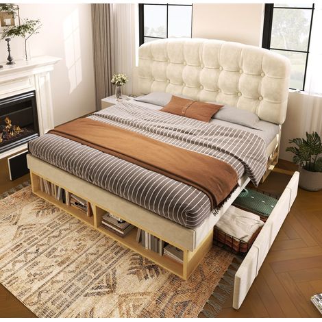 Cama individual tapizada 90x200 cm de terciopelo beige con cabecero regulable, somier de láminas, cajones y estantes