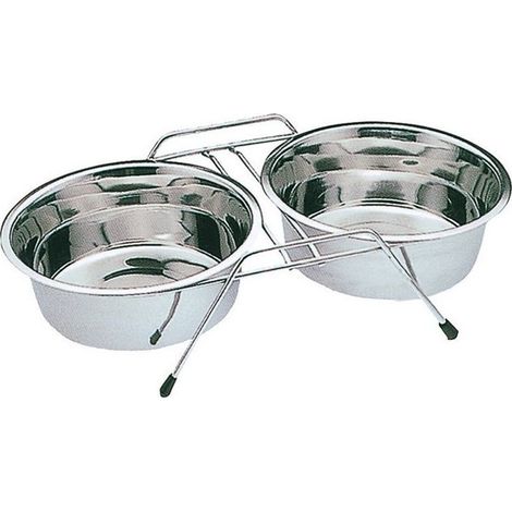 Comederos Y Bebedero Perro Gato Doble Con Soporte Ã˜14 Cm  28,5 X 14,5 X 6 Cm  0,35 L X 2 Bol  Antideslizante Estable