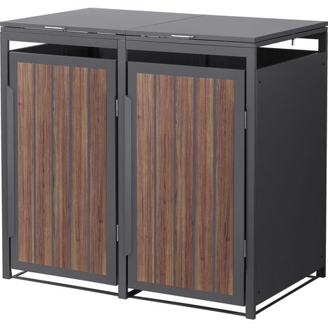 ML-Design Copribidone da Spazzatura per 2 Bidoni 240L 132x80x120 cm in Acciaio Antracite Effetto Rovere Scuro con Porte e Tetto a Ribalta, Resistente alle Intemperie, Deposito per Bidoni di Rifiuti