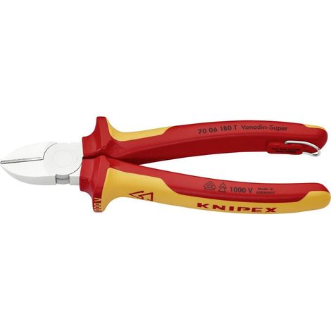KNIPEX 70 06 180 T Tronchese laterale isolante con manici rivestiti in materiali multicomponenti, collaudati VDE con anello di fissaggio isolante incorporato per agganciare una protezione anticaduta c