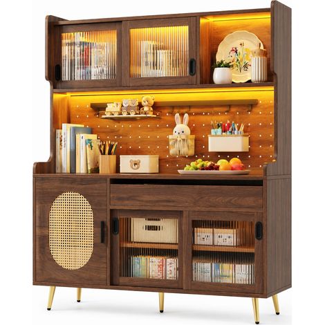 Buffet de rangement cuisine 145x39x171 cm avec 5 portes, LED pilotée par application, grande capacité et anti-basculement, en MDF, brun, CHICFURN (1/5)