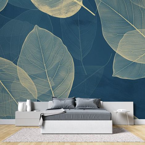 Papier peint feuillage feuilles dorees sur fond bleu 1 - 150 x 250 cm (1/2)