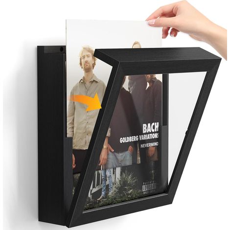 1 Pièces Meuble Vinyle, Ouverture sur Le Mur Avant, Bois Cadre Photo Vinyle pour Présenter Les Disques Poster, pour Exposer Les Pochettes de Disques Vinyles 12x12(Noir Épais) (1/5)