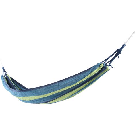 Tragbare Camping-Hängematte, strapazierfähig, für den Innen- und Außenbereich geeignet, leicht, blau mit bunten Streifen. (1/5)