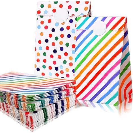 Sac Cadeau - Papier Kraft Rayé Arc-en-ciel - 18x9x5,5 cm - 20 Pièces avec 24 Autocollants (1/4)