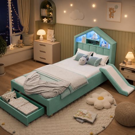 Lit enfant 90x200 cm cabane rembourré avec toboggan réversible sommier à lattes led port usb étagères tiroir de rangement velours bleu vert (1/5)