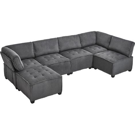 Canapé modulaire 6 places en velours côtelé gris, convertible en U ou L, avec poches latérales, structure bois et métal, facile à monter - CHICFURN (1/5)