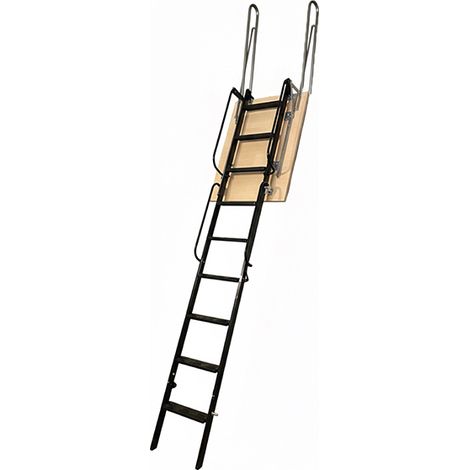 Matisère – Échelle escamotable blanche avec trappe – Hauteur d'accès 2,50 à 3,00m – 11 marches profondes de 10cm – Ouverture facile avec ressorts amortisseurs (1/5)