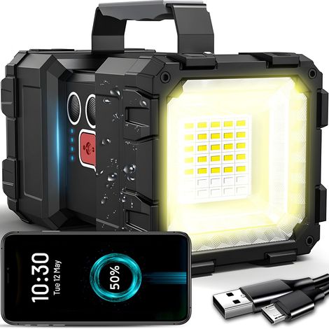 Torcia LED portatile, estremamente luminosa, ricaricabile tramite USB, faro e lanterna, faretto per campeggio, attività all'aperto ed escursionismo, con batteria e manico, classe energetica A+++ (7 x  (1/5)