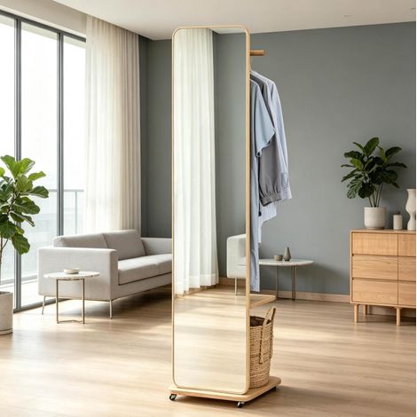 Miroir sur pied avec portant à vêtements, 4 crochets et étagère, miroir mobile à 4 roulettes en verre et bois clair, 40 x 44,5 x 170 cm, charge 10 kg - CHICFURN (1/5)