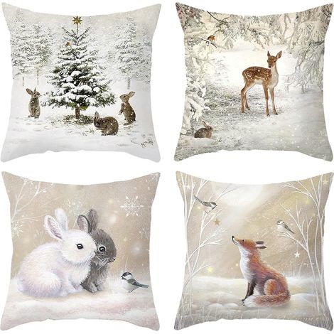 4PCS Taies d'oreiller Animaux Housse de Coussin pour Hiver Noël Nouvel an Lapin Cerf Forêt Sapin de Noël Taie Décorative Sofa Décoration Maison Salon 45 x 45 cm