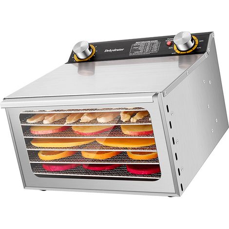Essiccatore per alimenti per carne e frutta, 400W, 6 vassoi, timer 24 ore, controllo della temperatura 30-90°C, finestra di visualizzazione, acciaio inox, argento (1/4)